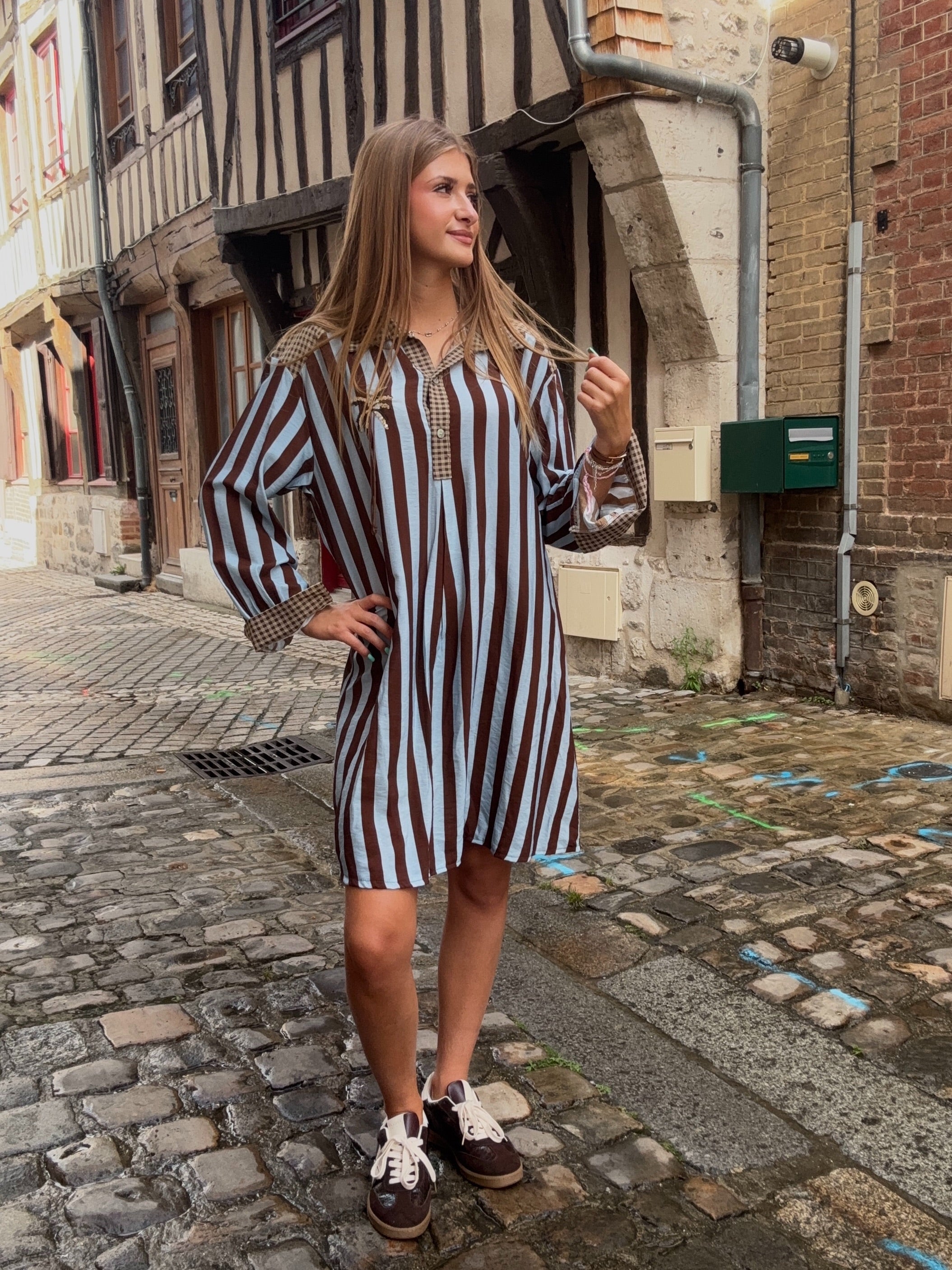 Robe Chemise Rayures Bleu et Choco
