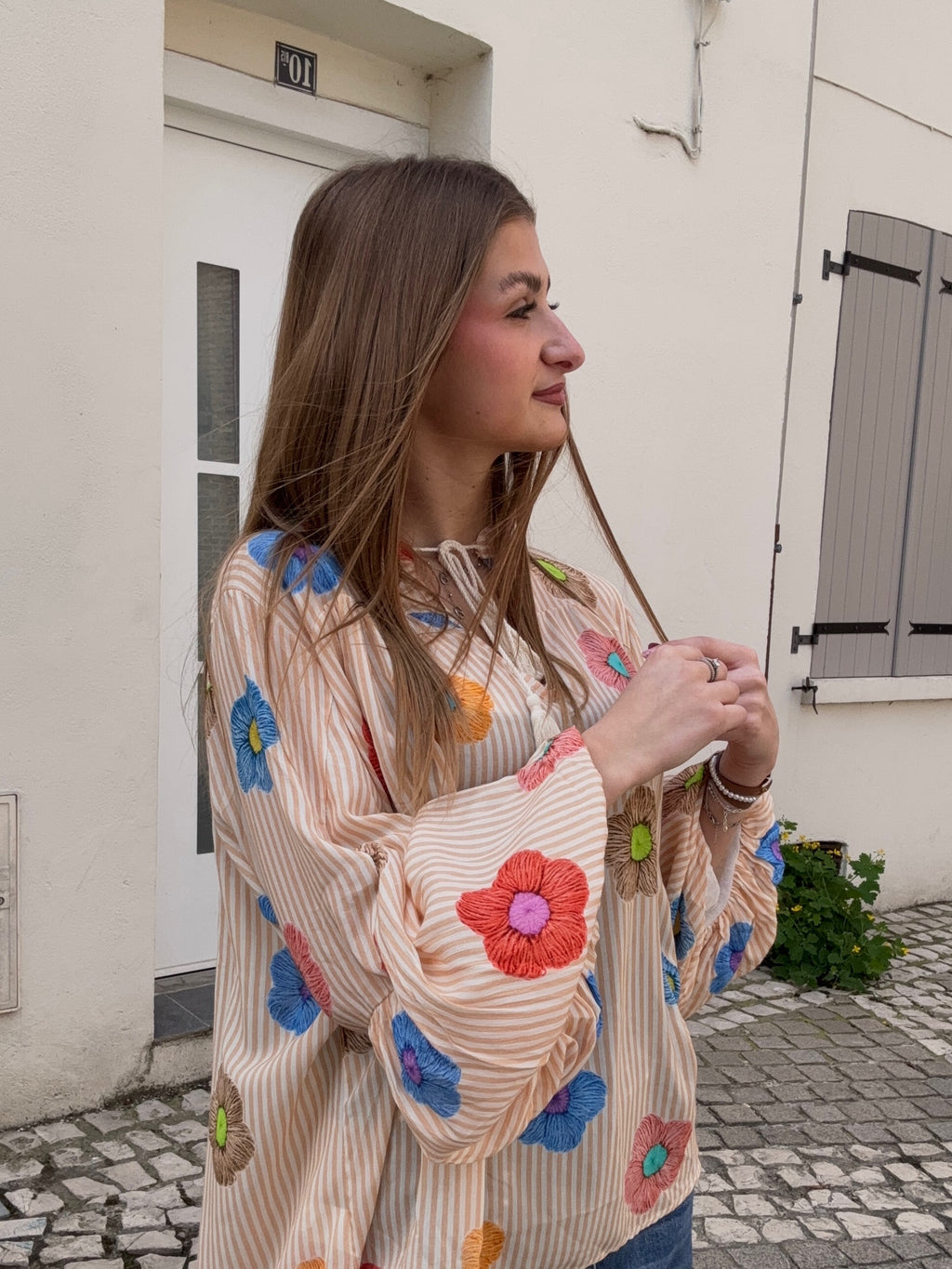 Blouse Rayée Fleurs Brodées