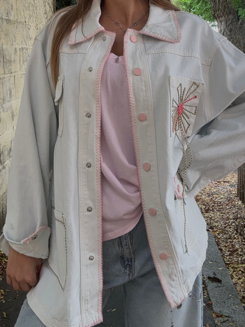 Veste en Jean Oversize Broderies Roses