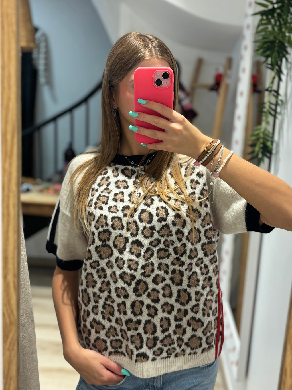 Top Maille Léopard Bandes Noires & Rouges