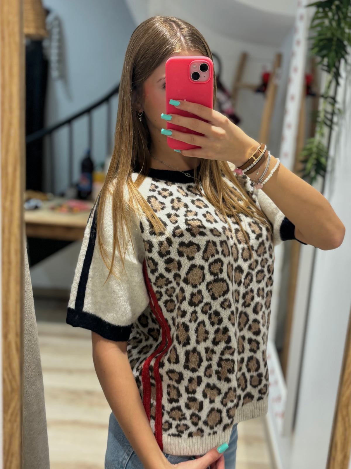 Top Maille Léopard Bandes Noires & Rouges