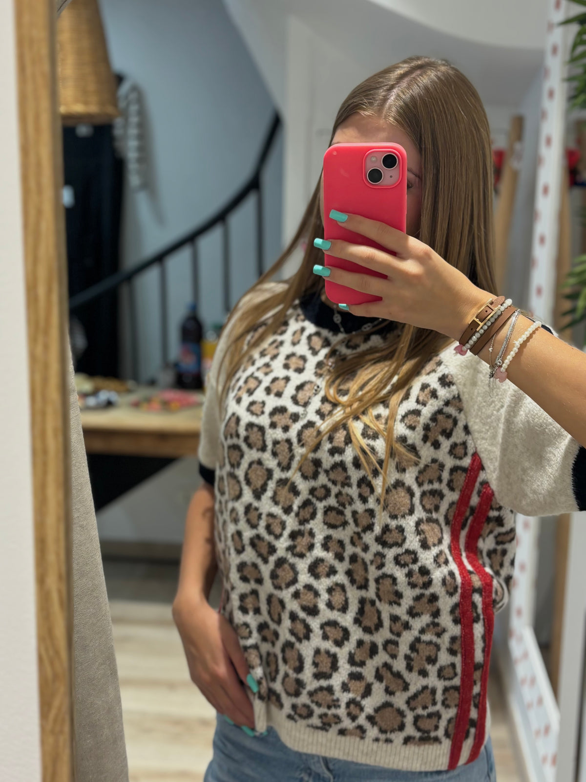 Top Maille Léopard Bandes Noires & Rouges
