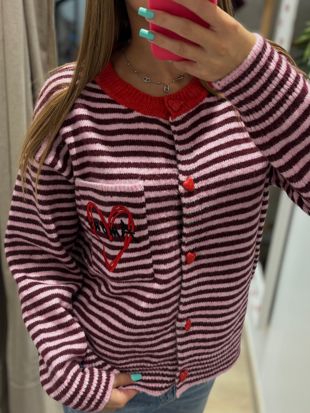 Gilet Rayé Bordeaux & Rose Coeur Brodé