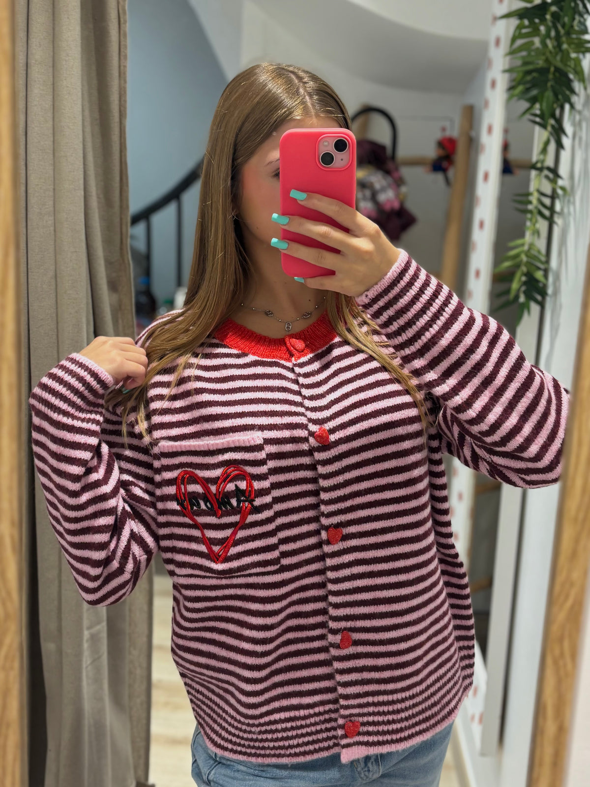 Gilet Rayé Bordeaux & Rose Coeur Brodé
