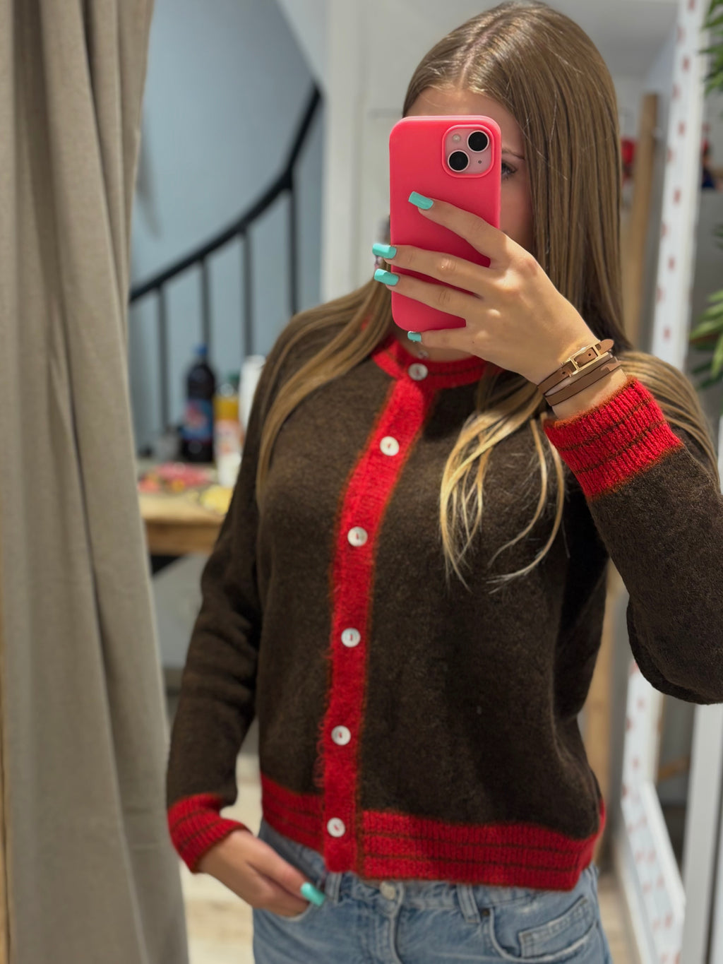 Gilet Marron & Rouge Boutons Nacre