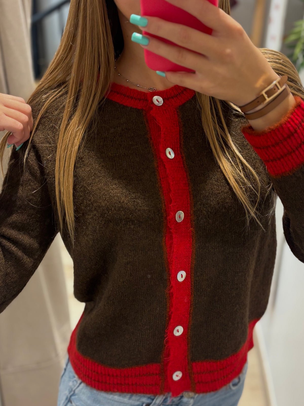 Gilet Marron & Rouge Boutons Nacre