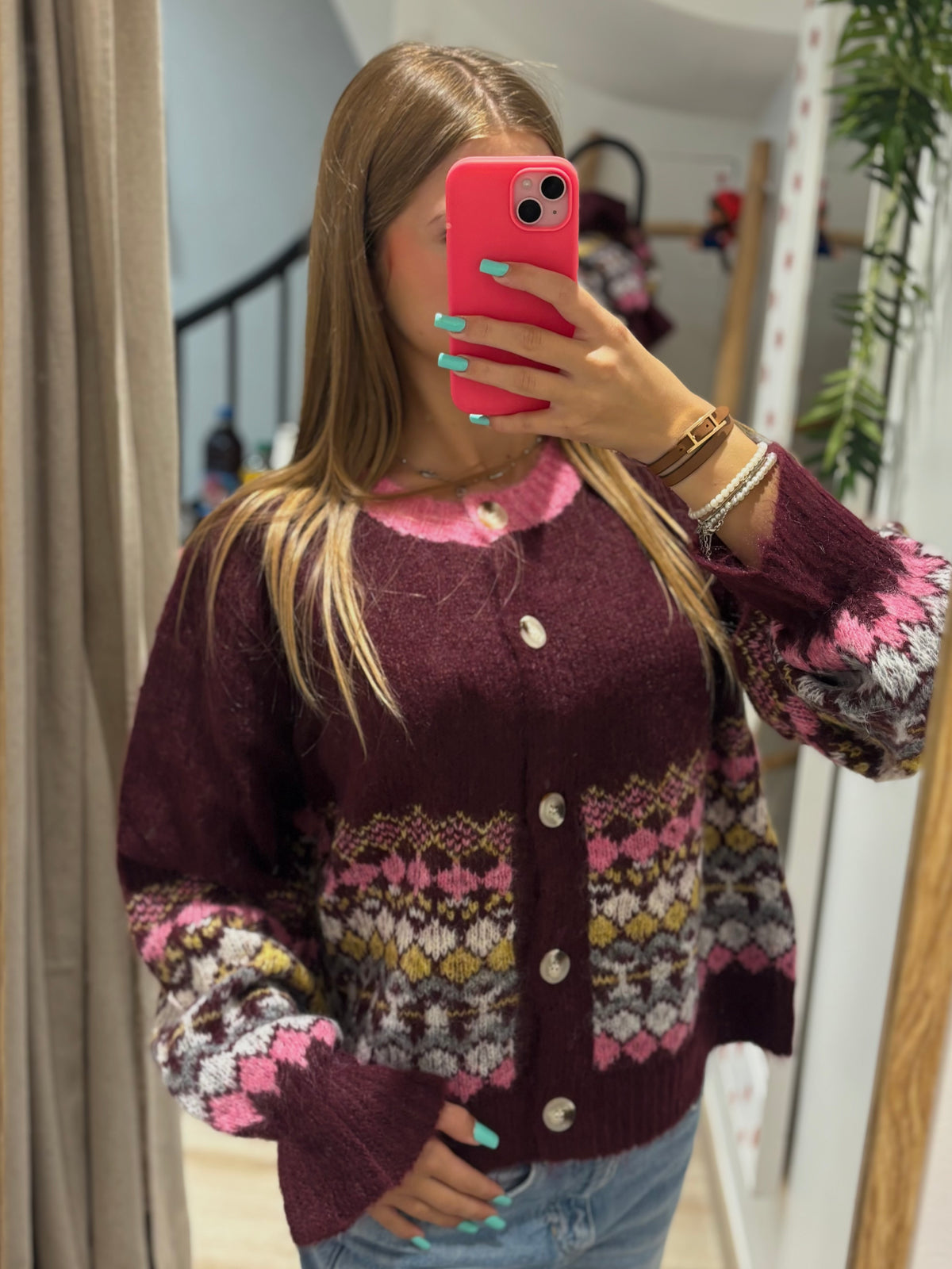 Gilet Jacquard Prune Multicolore Boutons Nacre