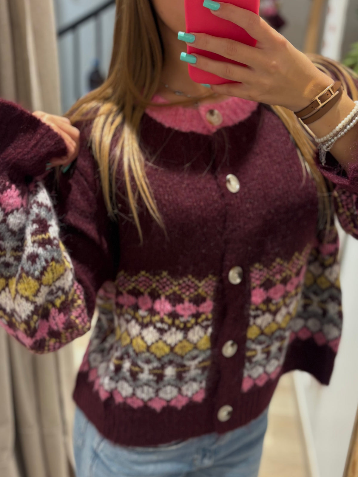 Gilet Jacquard Prune Multicolore Boutons Nacre