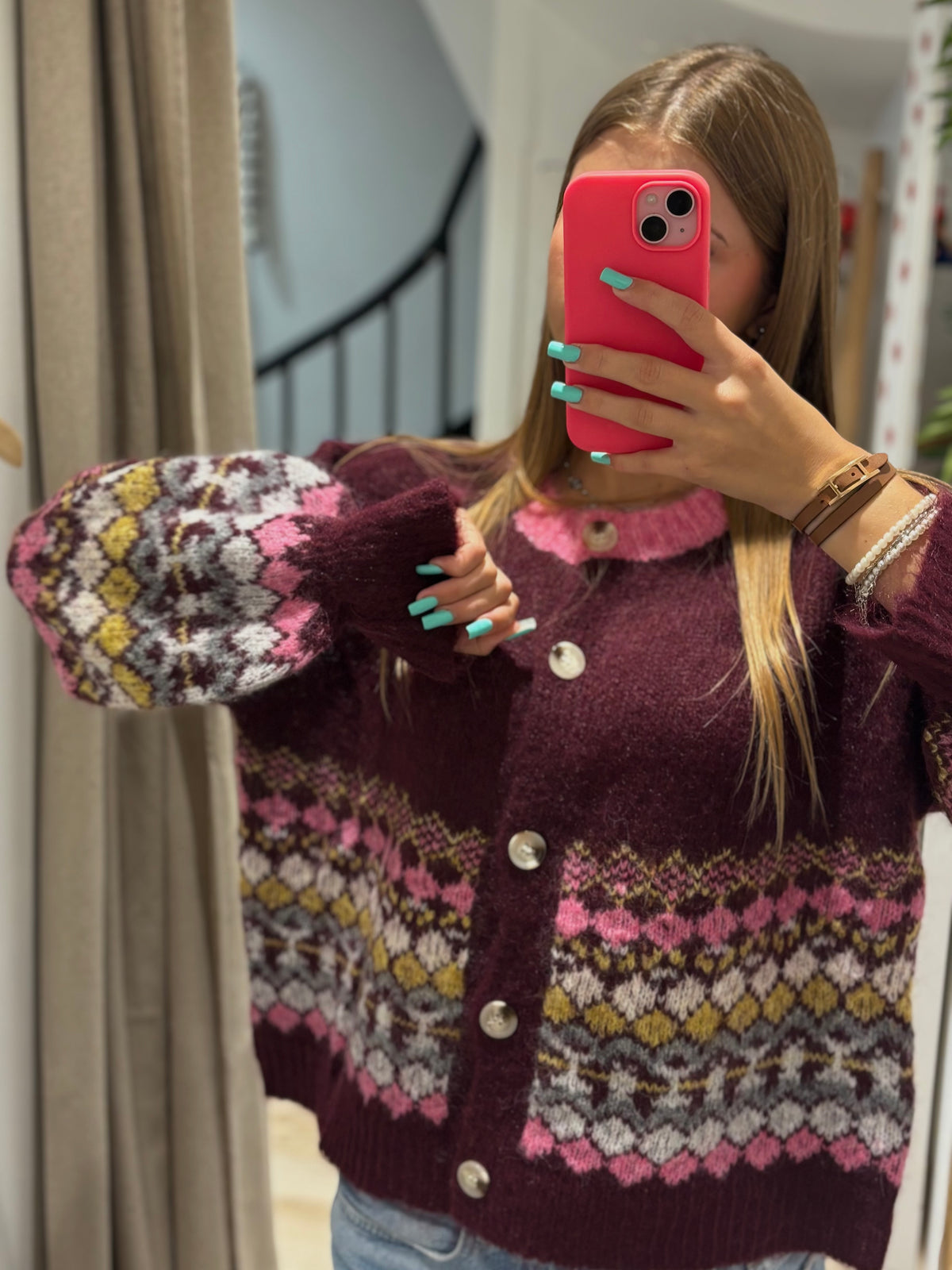 Gilet Jacquard Prune Multicolore Boutons Nacre