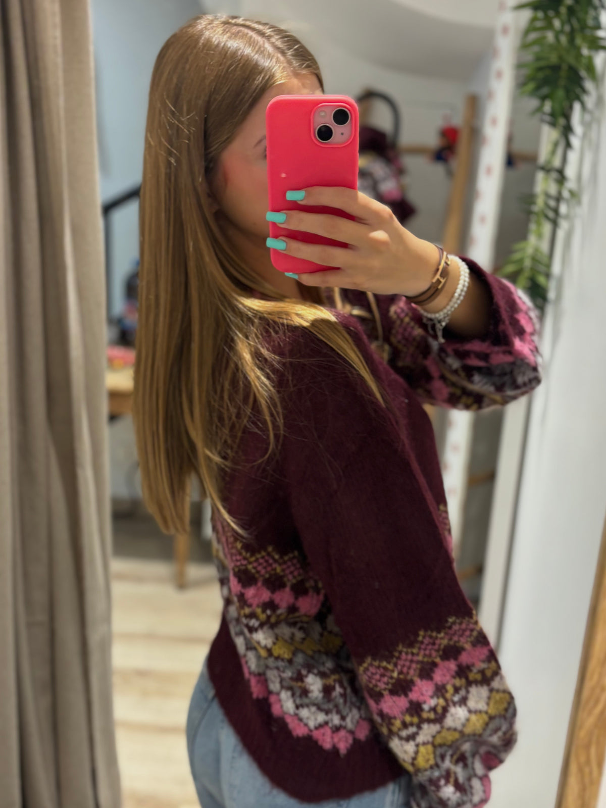 Gilet Jacquard Prune Multicolore Boutons Nacre