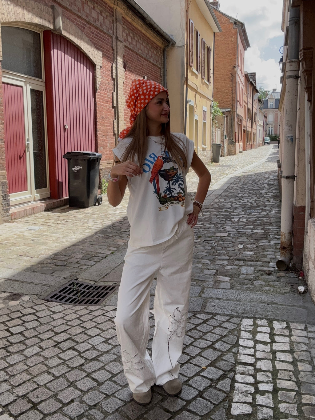 Pantalon Large Blanc Broderie Florale