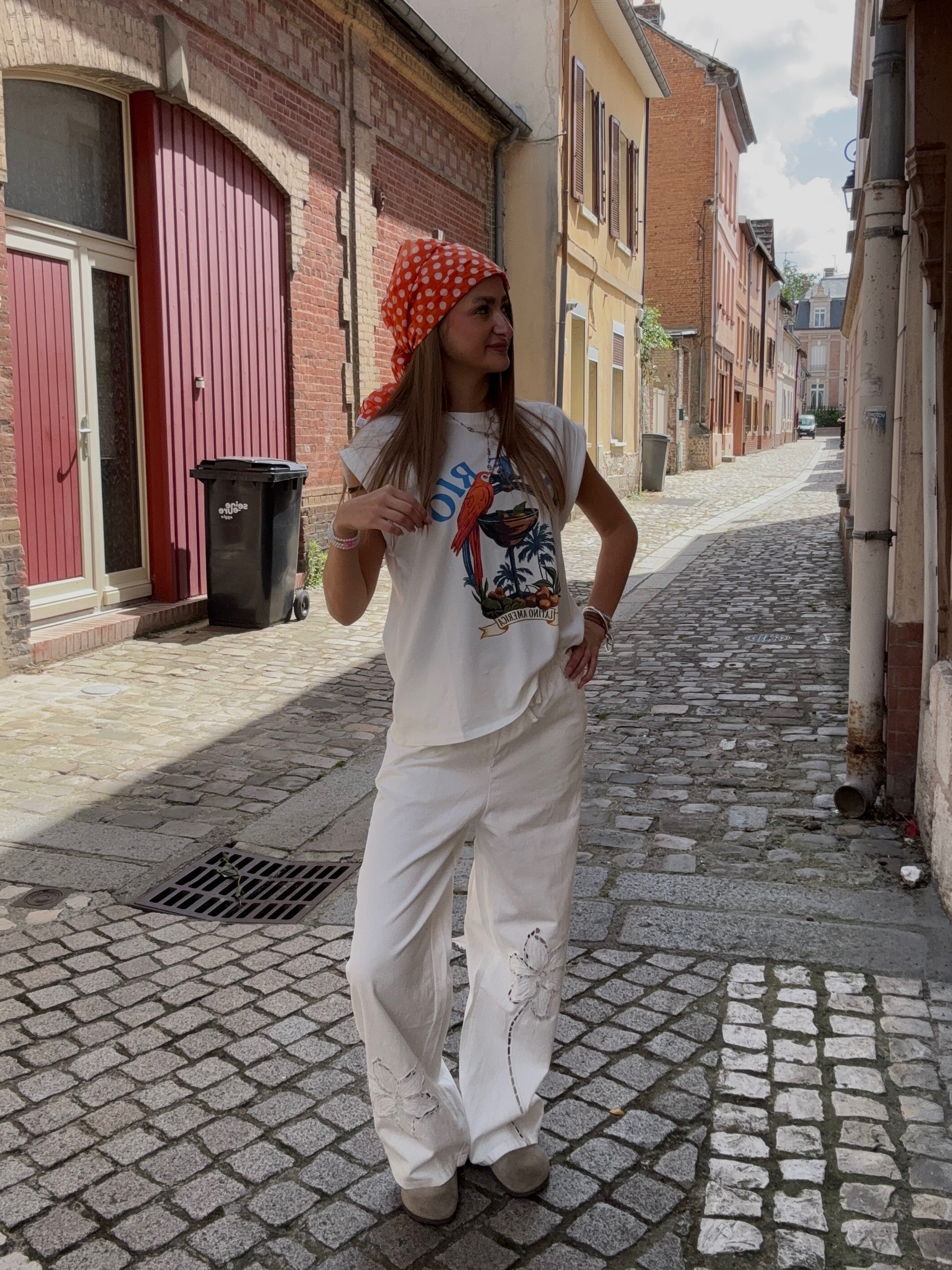 Pantalon Large Blanc Broderie Florale