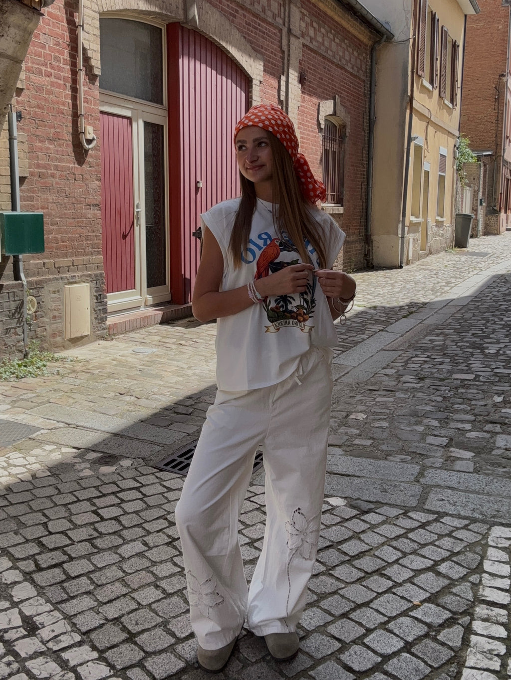 Pantalon Large Blanc Broderie Florale