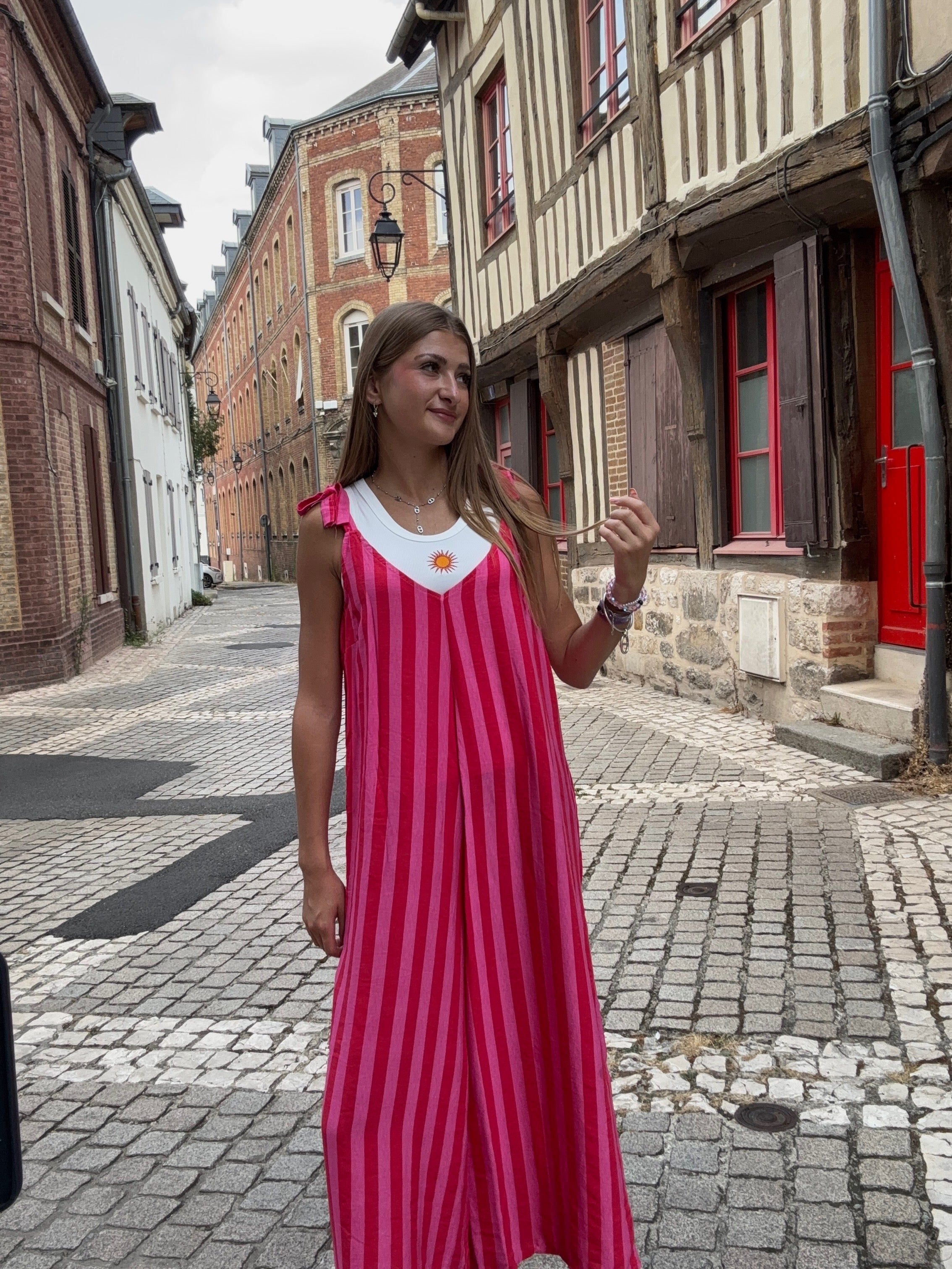 Combinaison Rayée Rose Rouge & Fuchsia