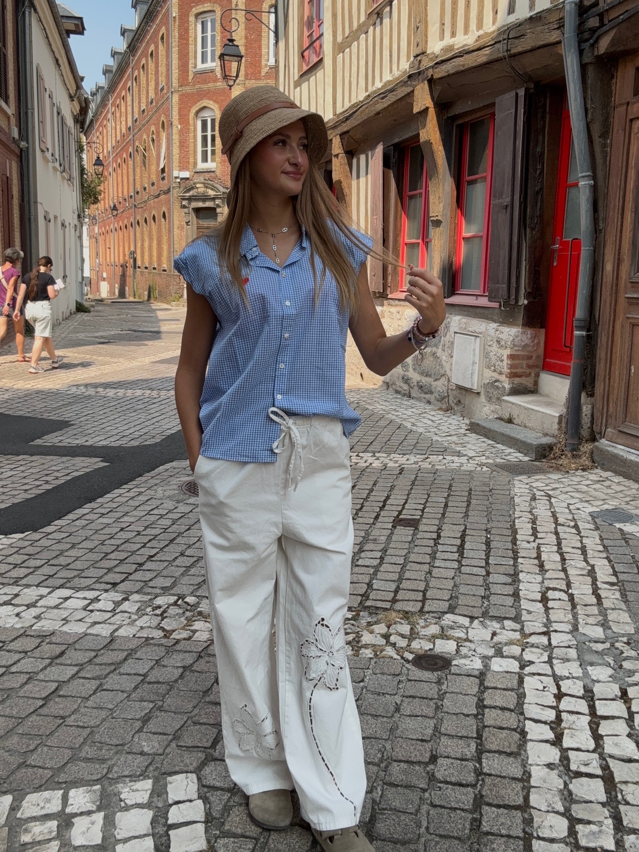 Pantalon Lin Blanc Broderies Florales