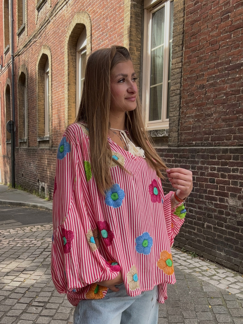 Blouse Rayures Fleurs Brodées
