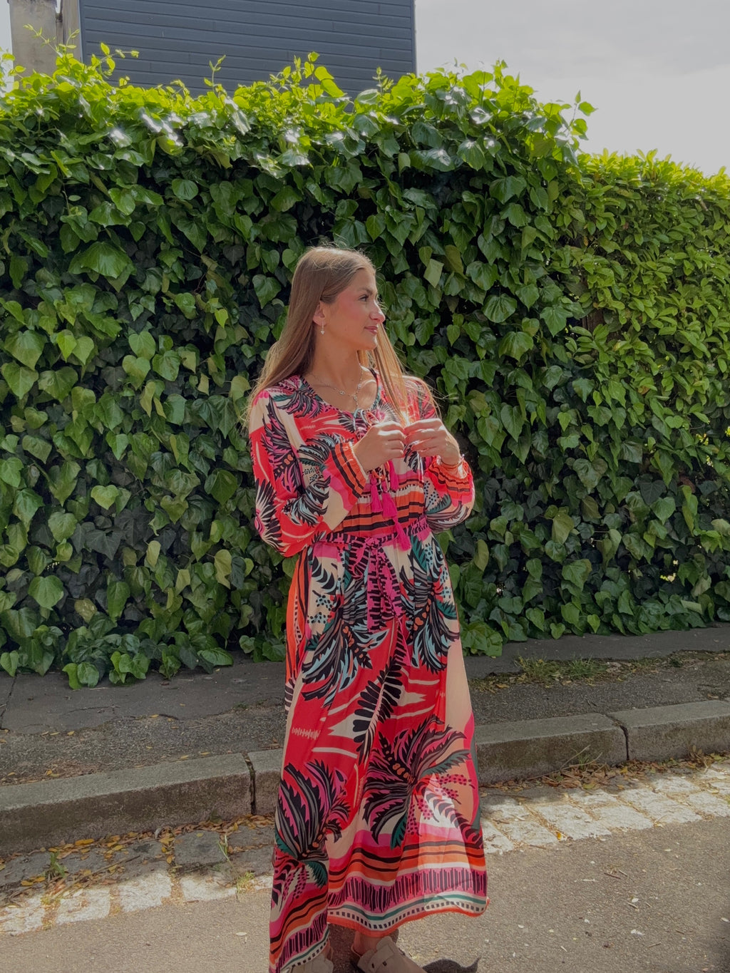 Robe Longue Imprimé Tropical Corail