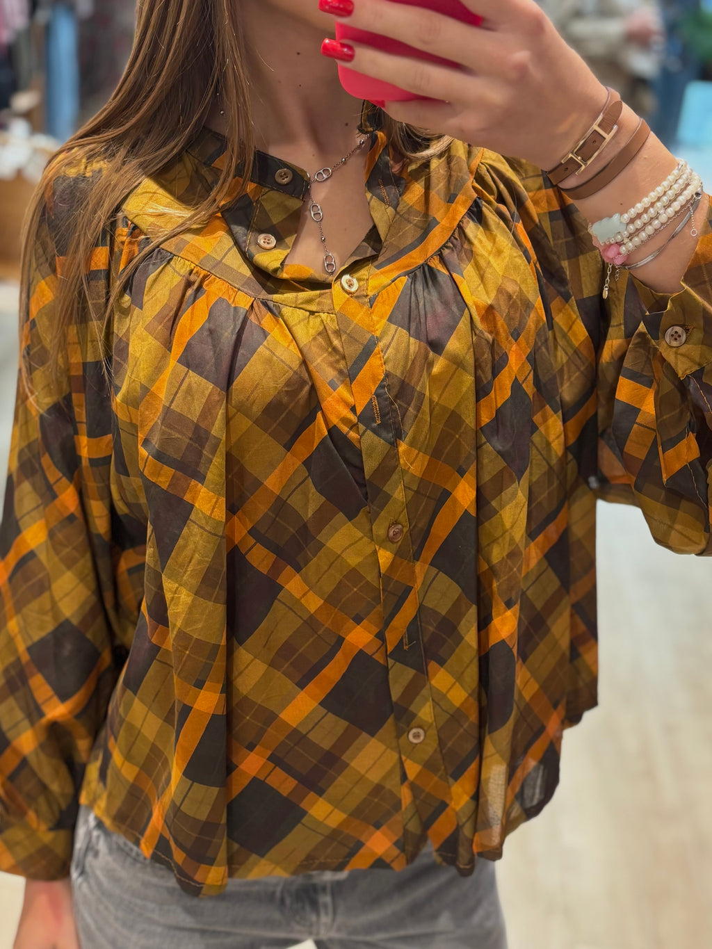 Blouse à carreaux ocre et chocolat
