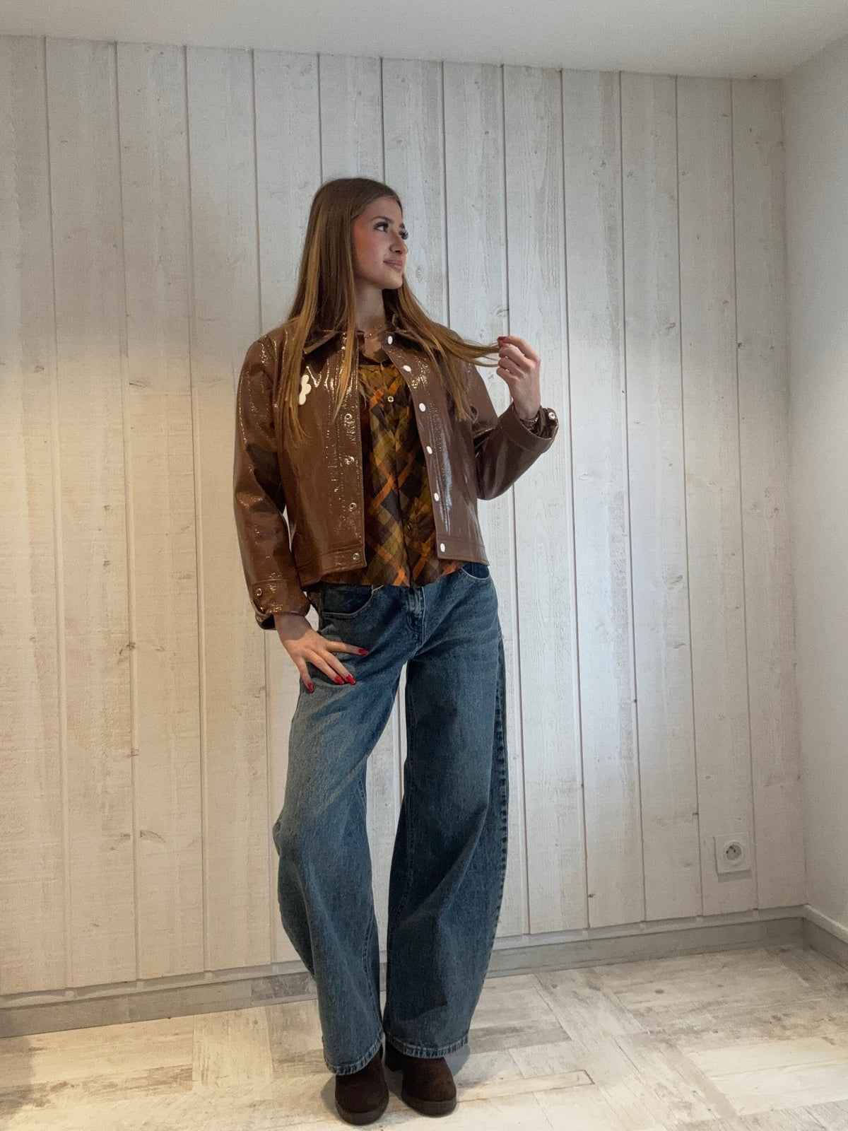 Blouse à carreaux ocre et chocolat