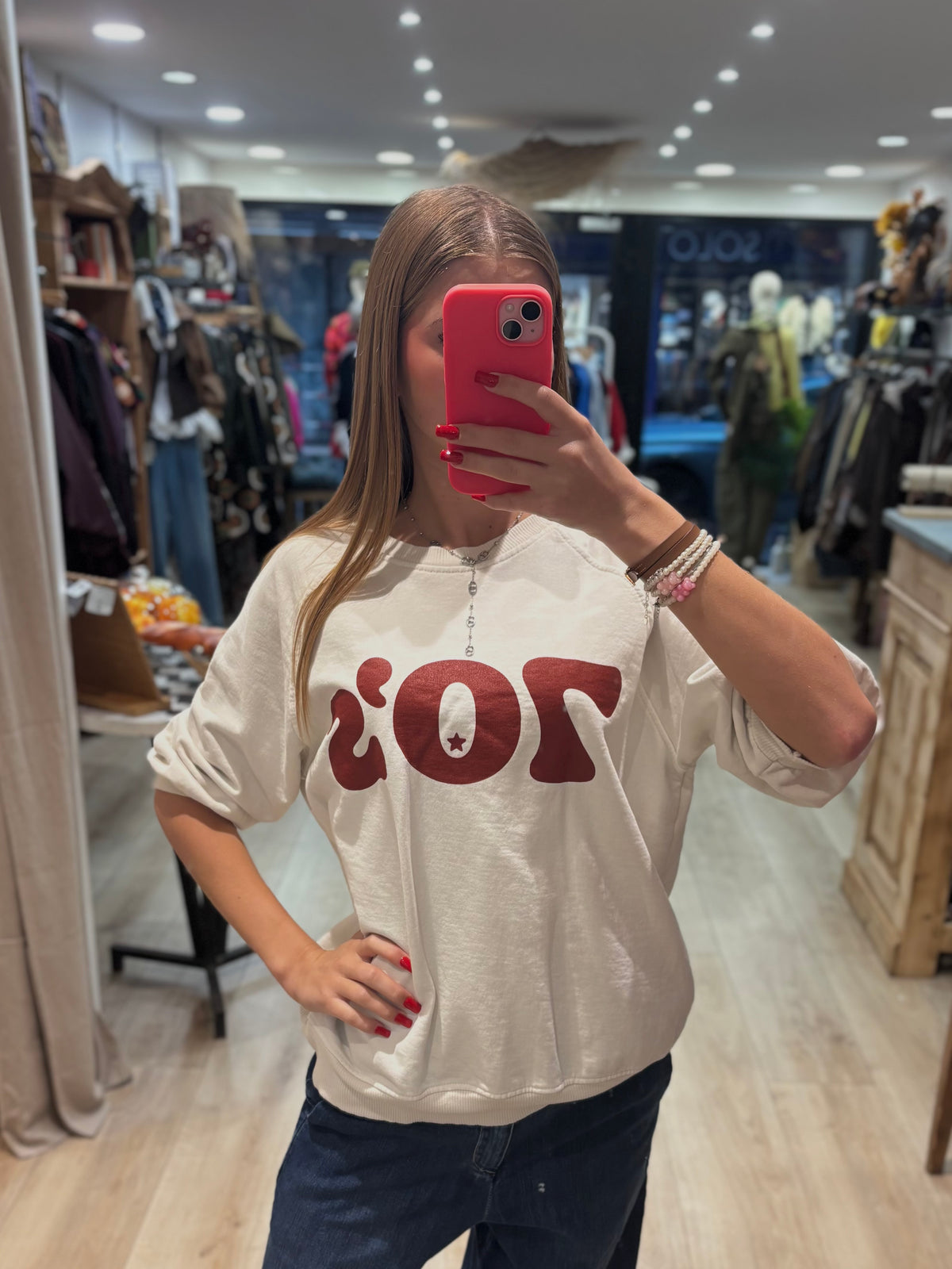 Sweat écru à imprimé bordeaux 70’s