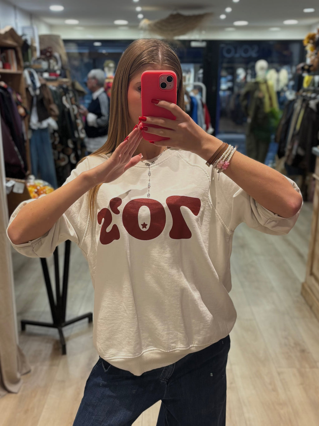 Sweat écru à imprimé bordeaux 70’s