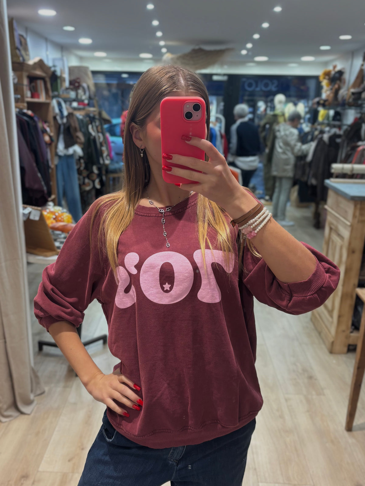Sweat bordeaux à imprimé rose 70’s