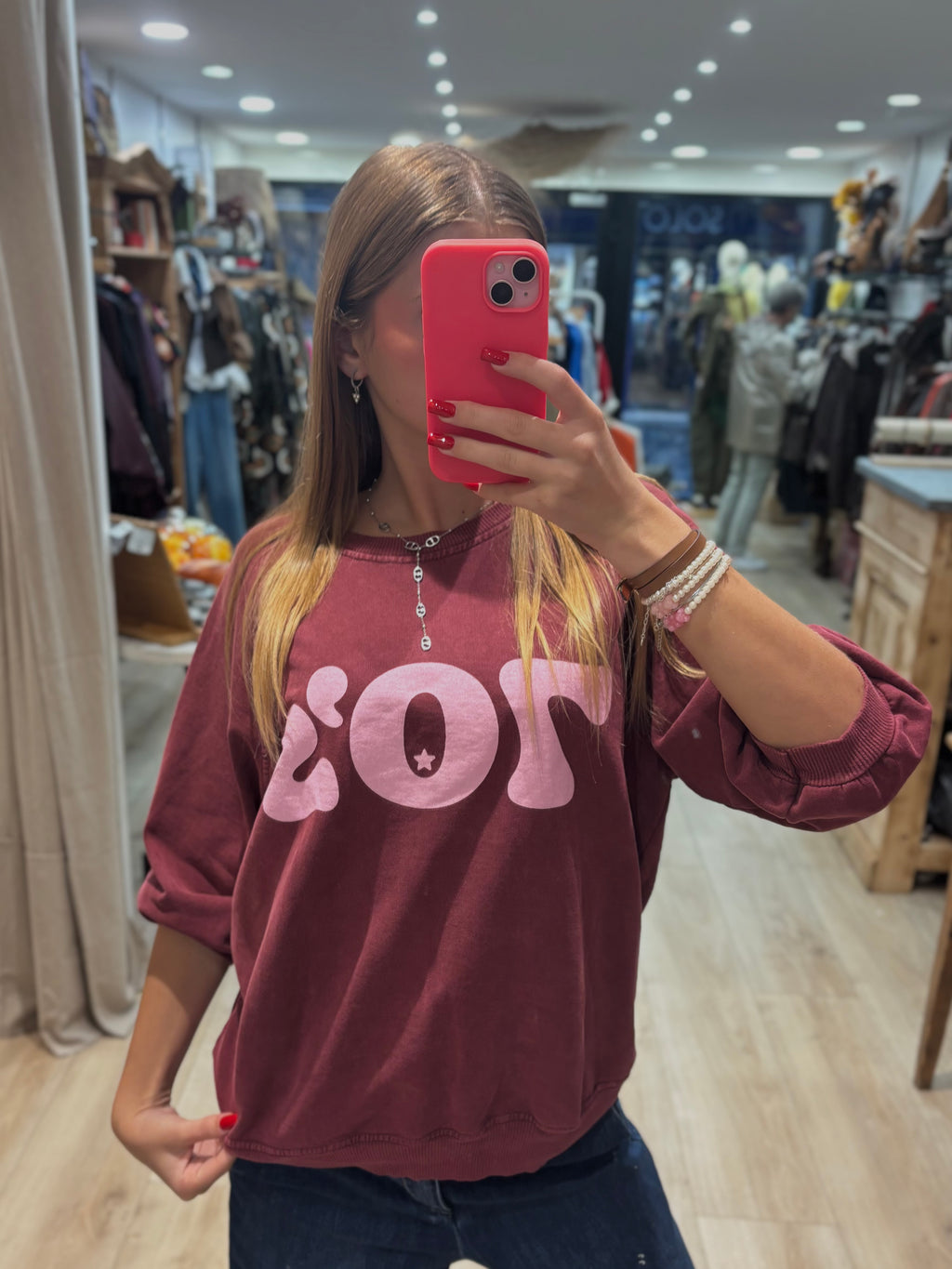 Sweat bordeaux à imprimé rose 70’s
