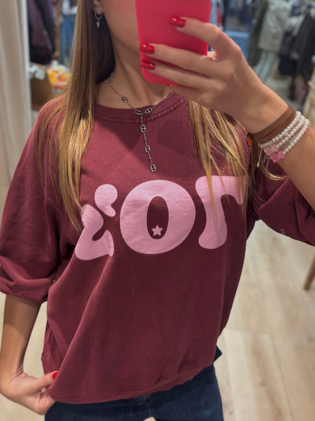 Sweat bordeaux à imprimé rose 70’s