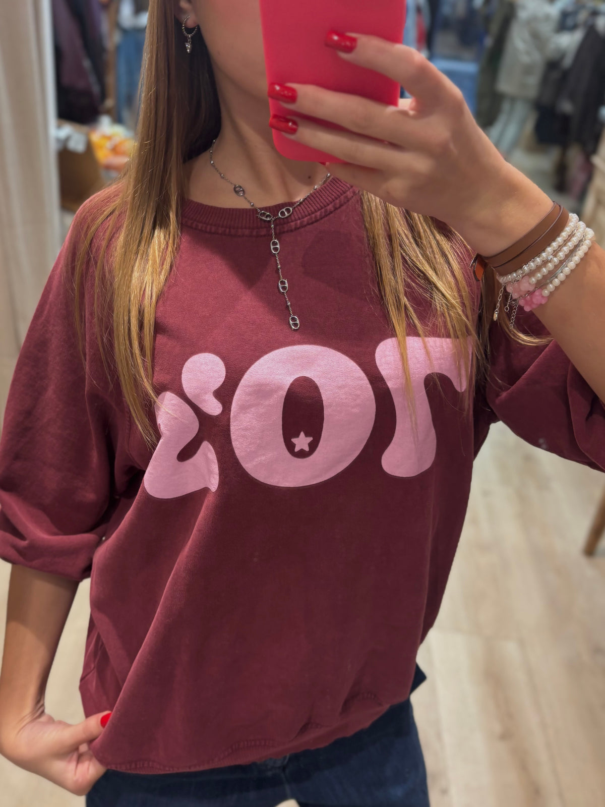 Sweat bordeaux à imprimé rose 70’s