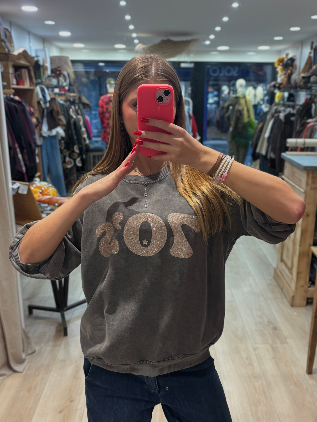 Sweat gris à imprimé doré 70’s
