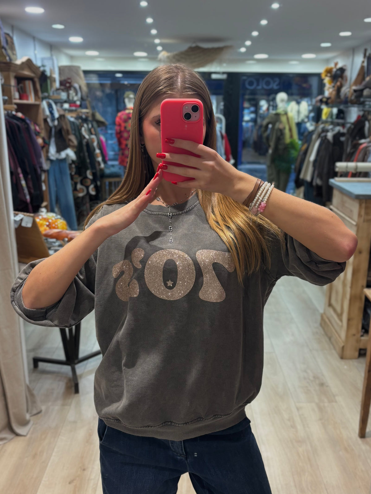Sweat gris à imprimé doré 70’s