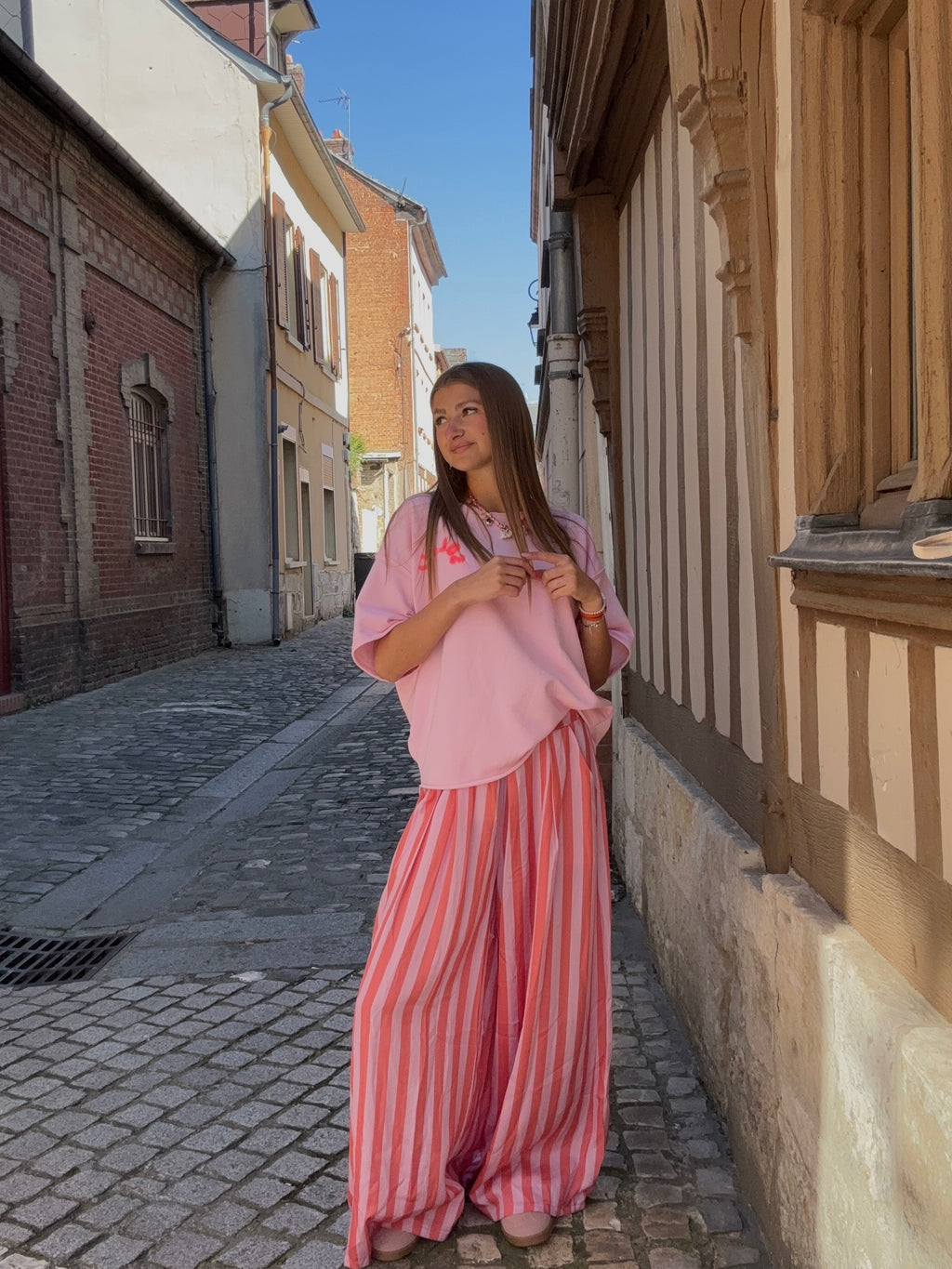 Pantalon Large Rayé Rose & Orange