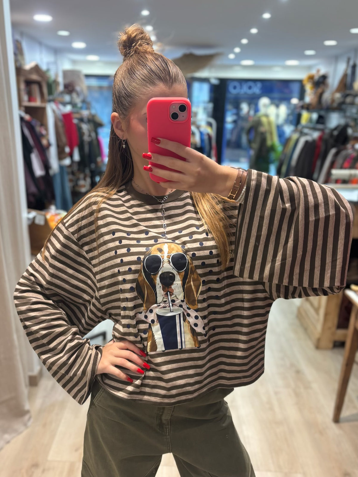 T-shirt ample rayé à motif chien