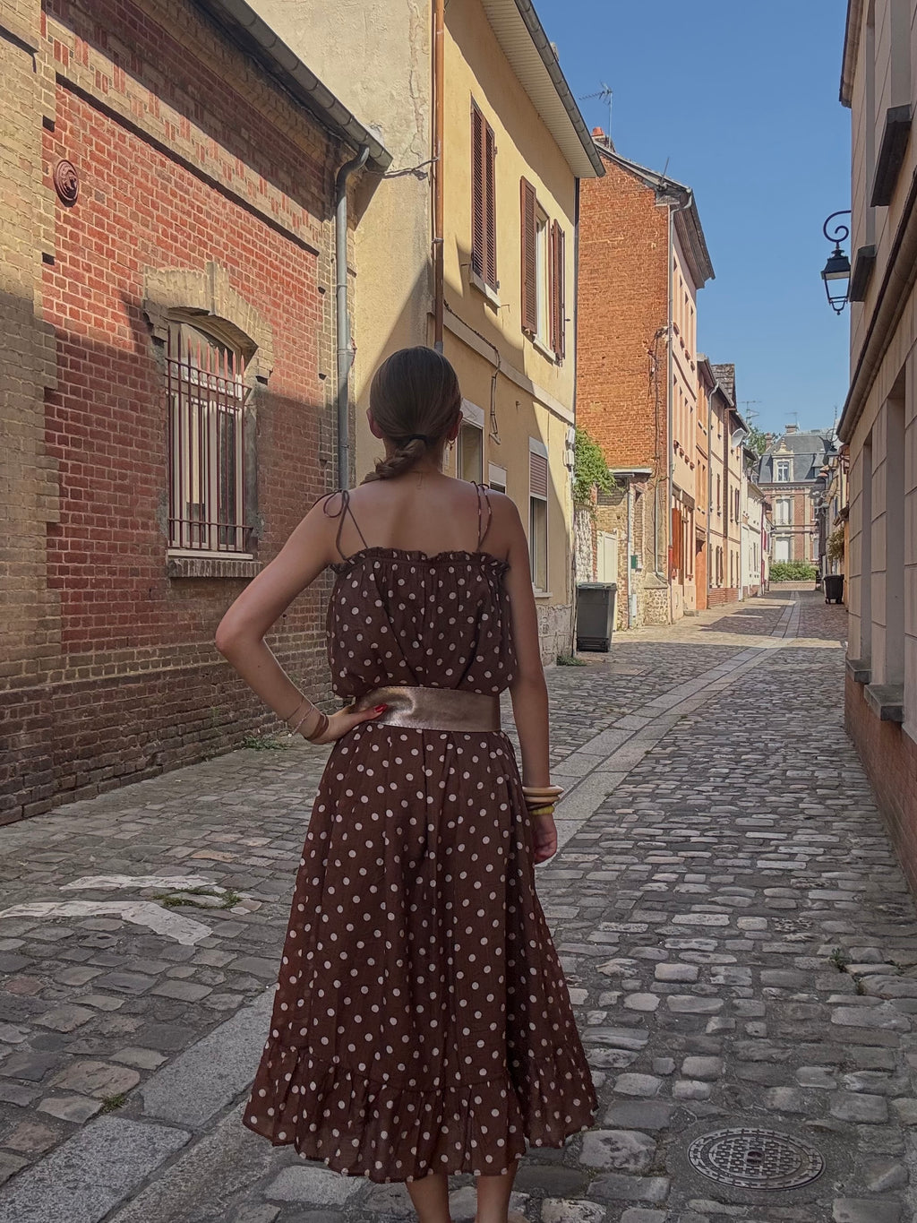 Robe Midi Marron à Pois Beige