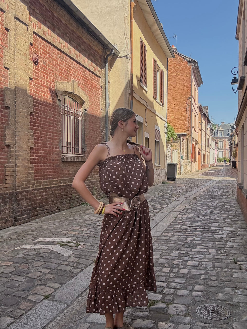 Robe Midi Marron à Pois Beige