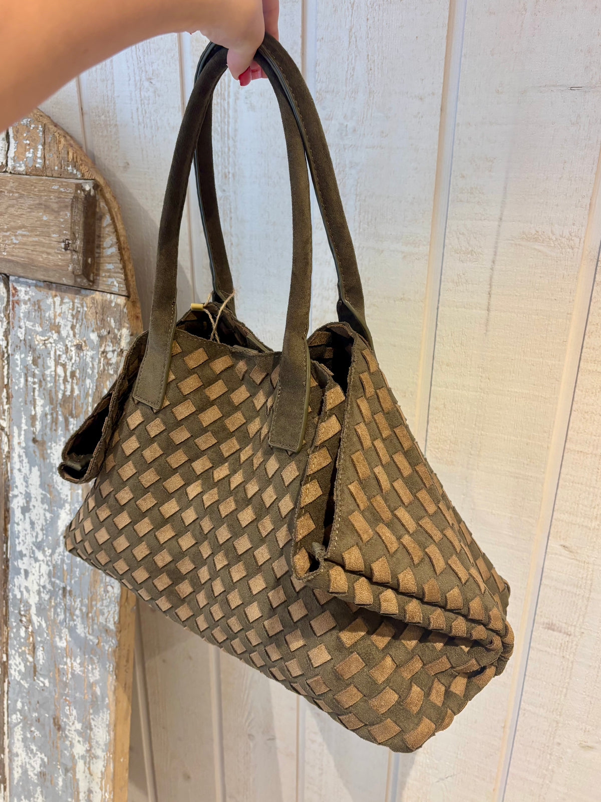 Sac cabas tressé kaki et beige