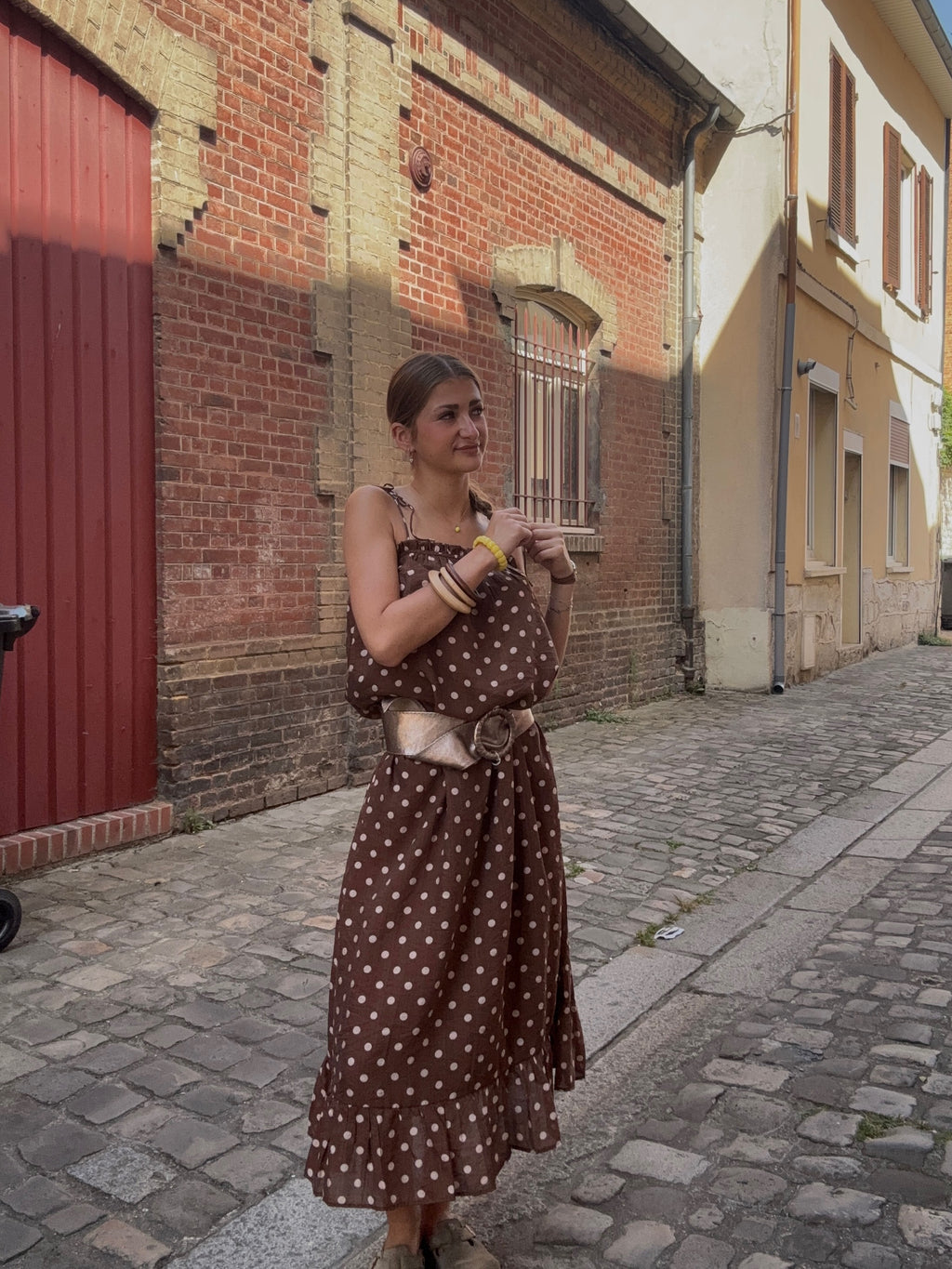 Robe Midi Marron à Pois Beige