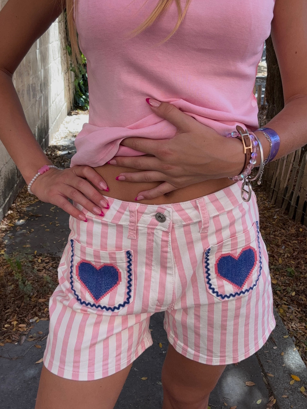 Short à Rayures Rose Cœur Denim