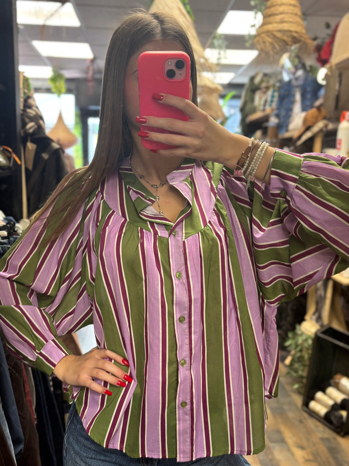 Chemise à rayures lilas, kaki et bordeaux