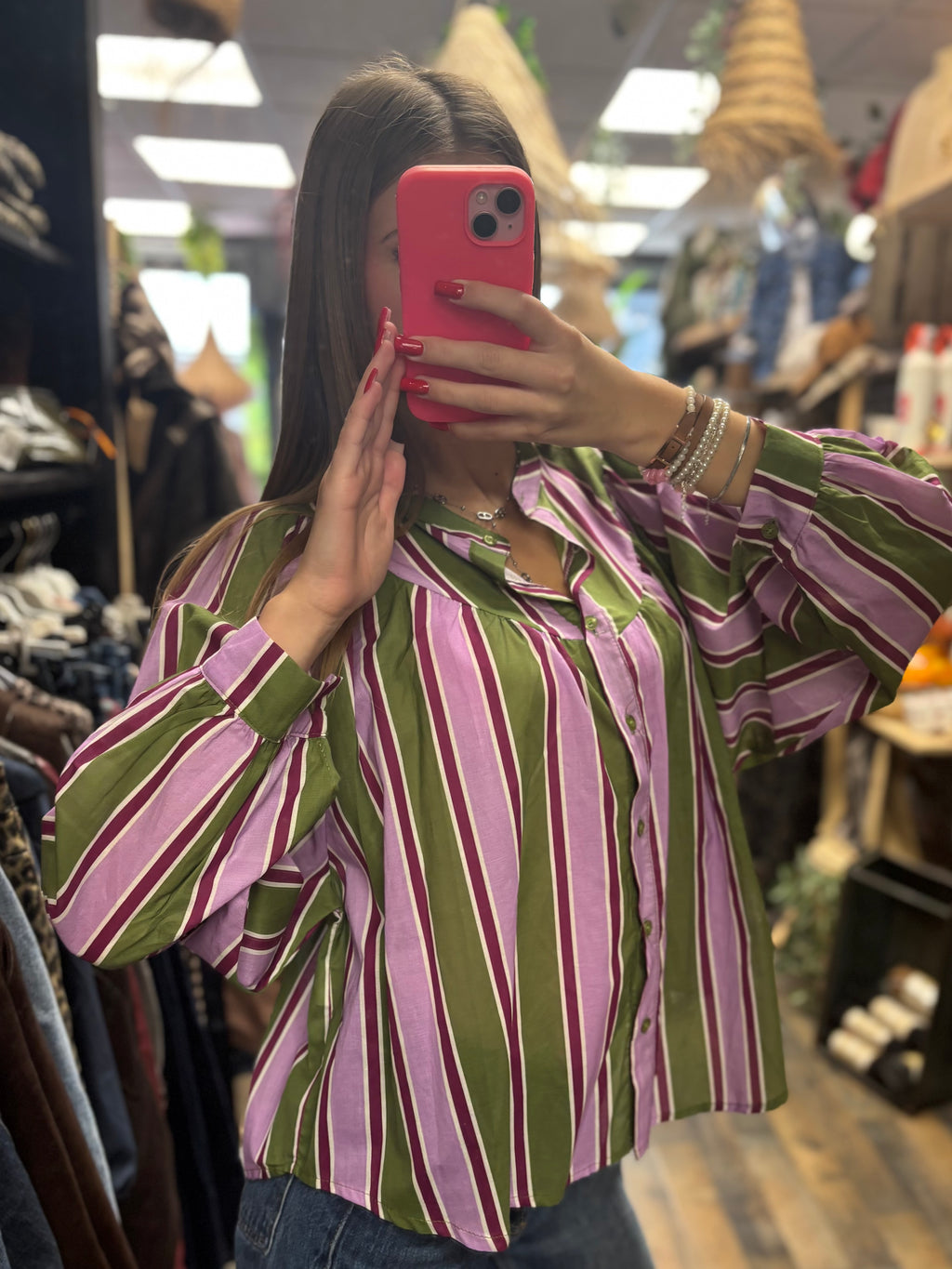 Chemise à rayures lilas, kaki et bordeaux