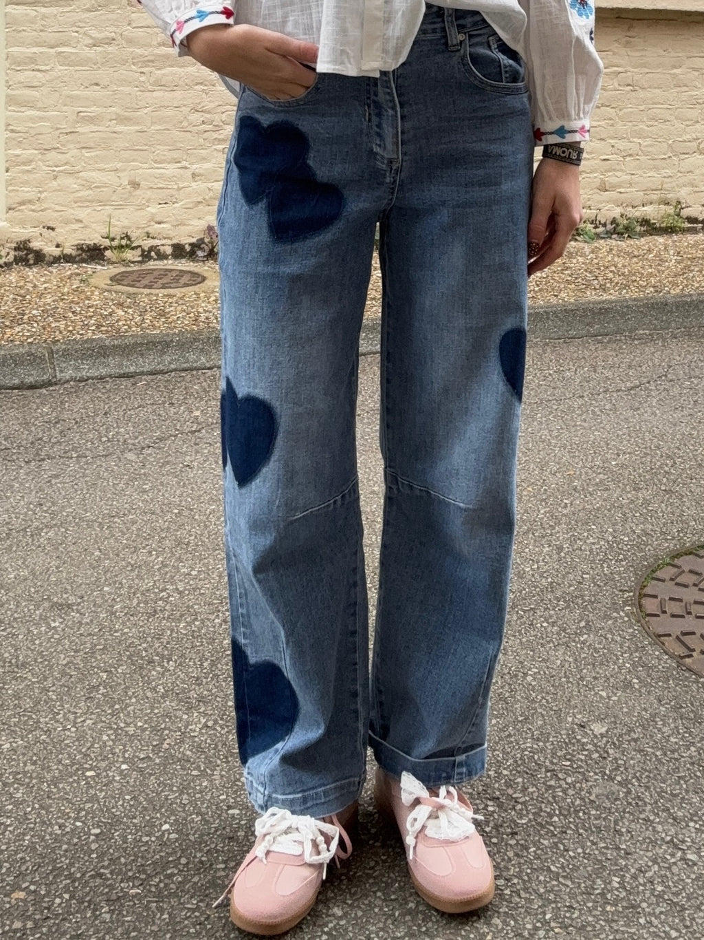 Jean Large à Cœurs – Denim Bleu Vintage