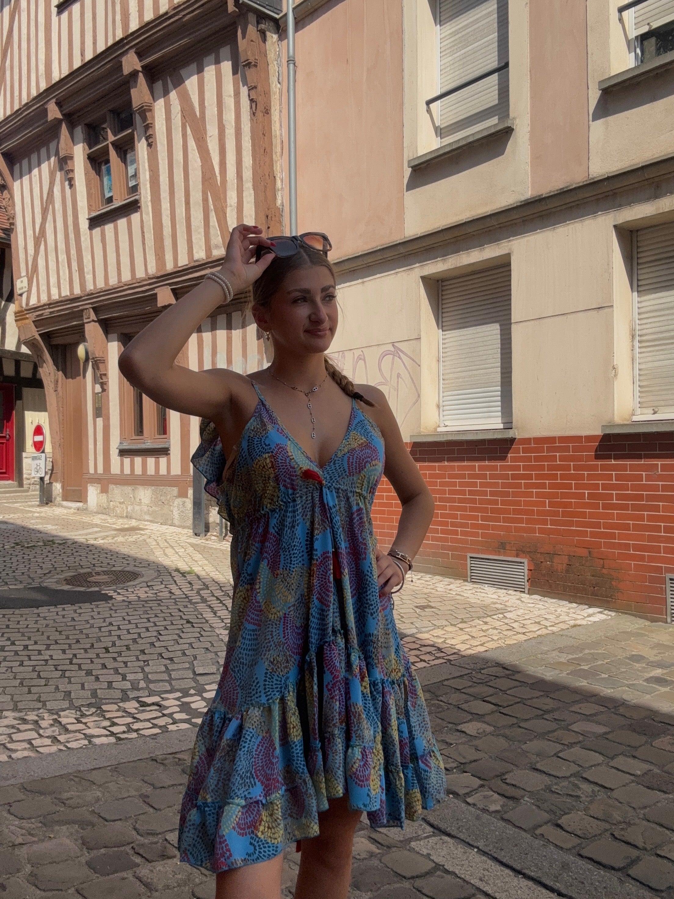 Mini Robe Bleue Imprimé Multicolore