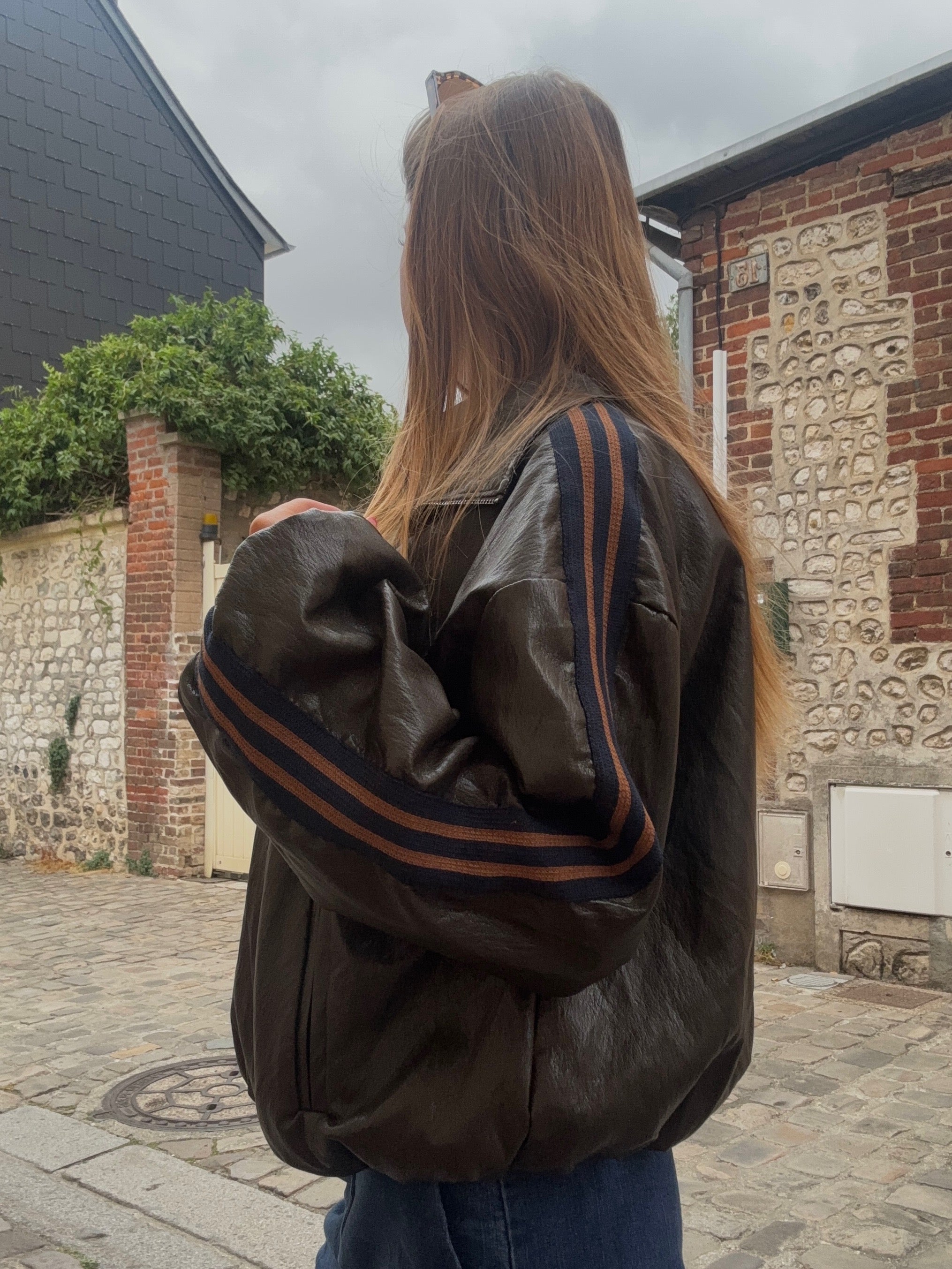 Bomber Cuir Marron à Bandes