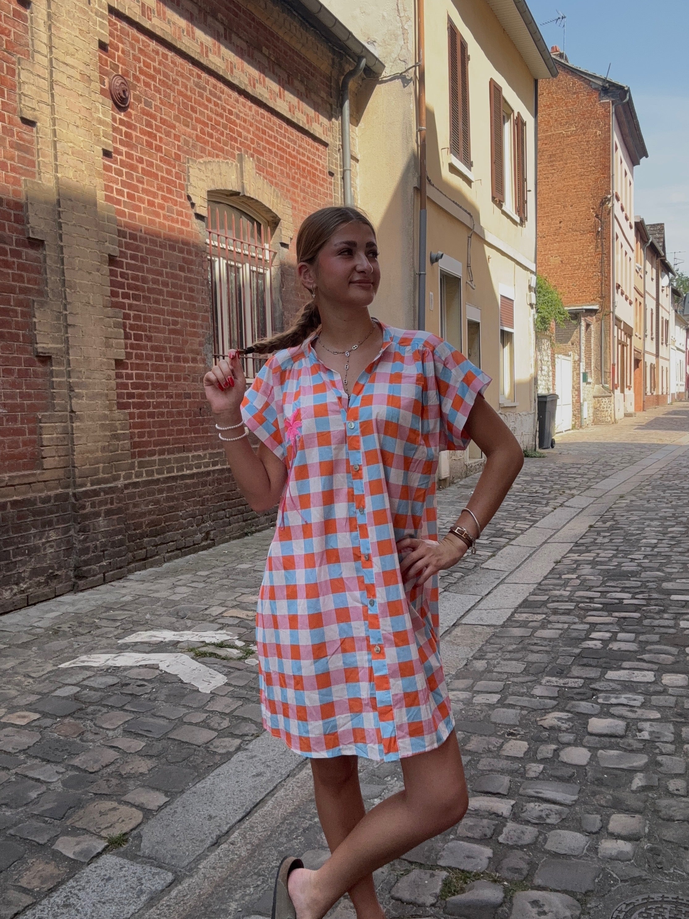 Robe Chemise Vichy Orange & Bleu