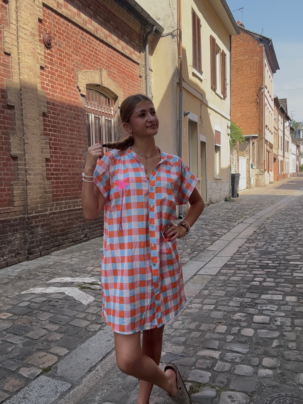 Robe Chemise Vichy Orange & Bleu