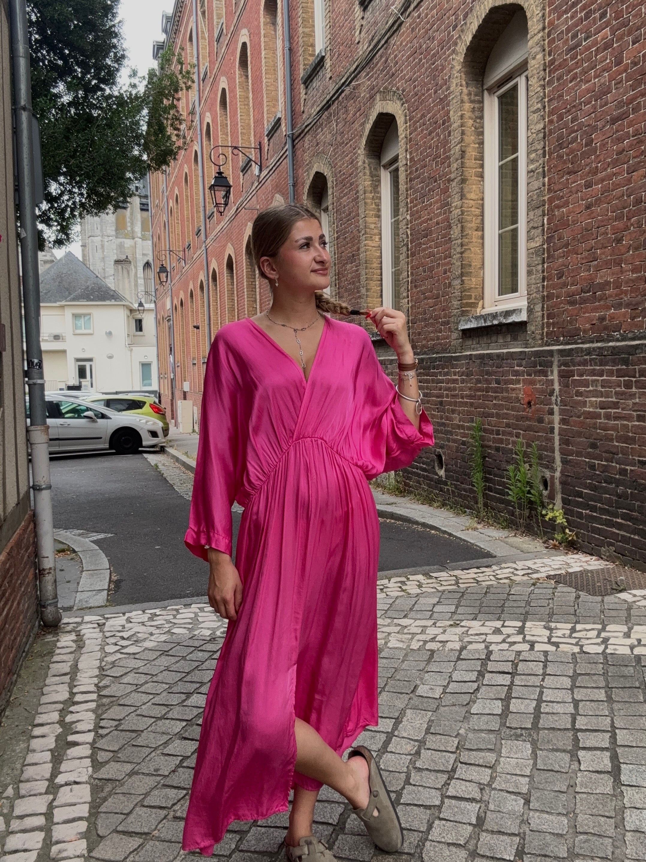 Robe Longue Satinée Rose Fuchsia