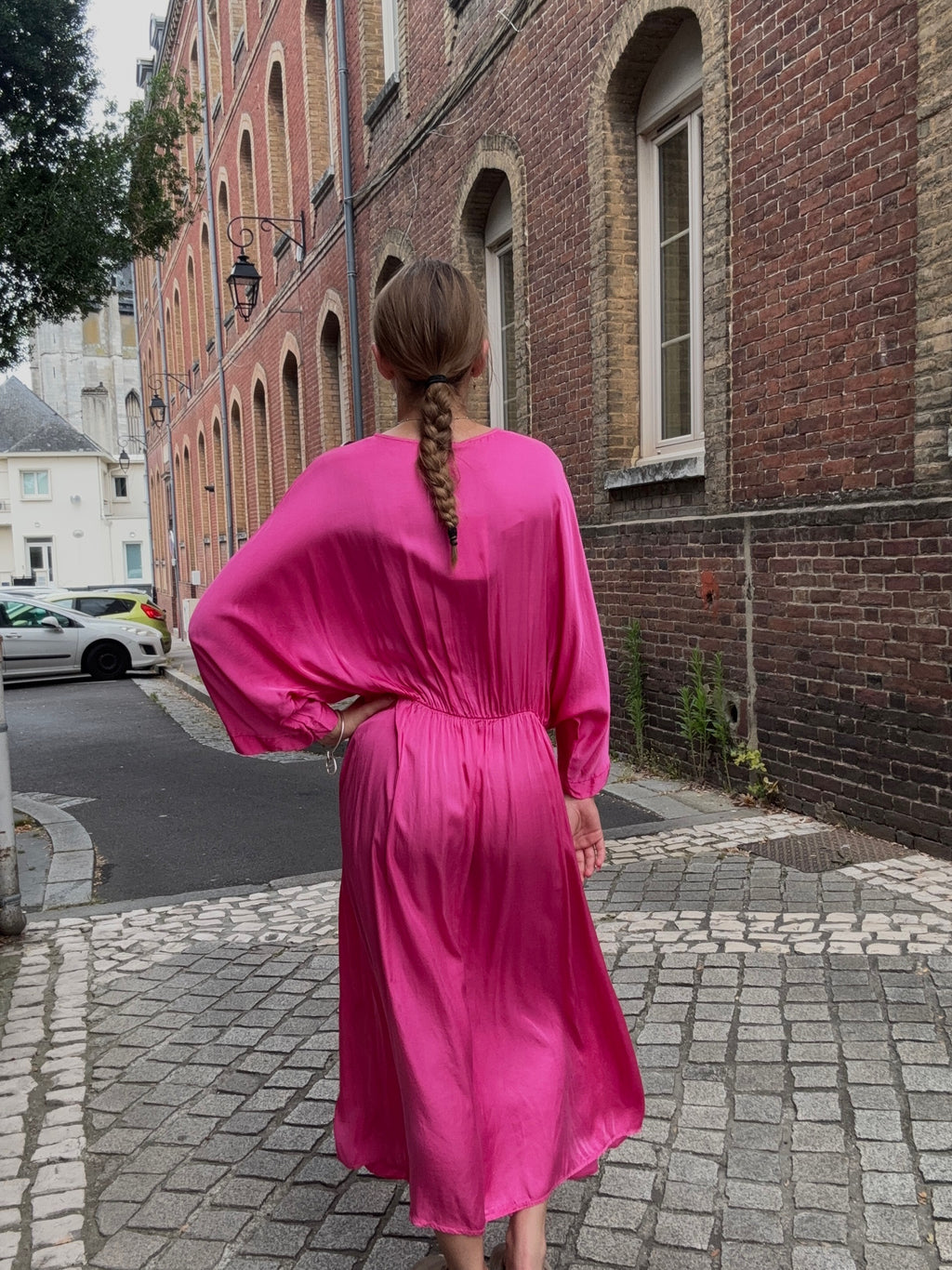 Robe Longue Satinée Rose Fuchsia