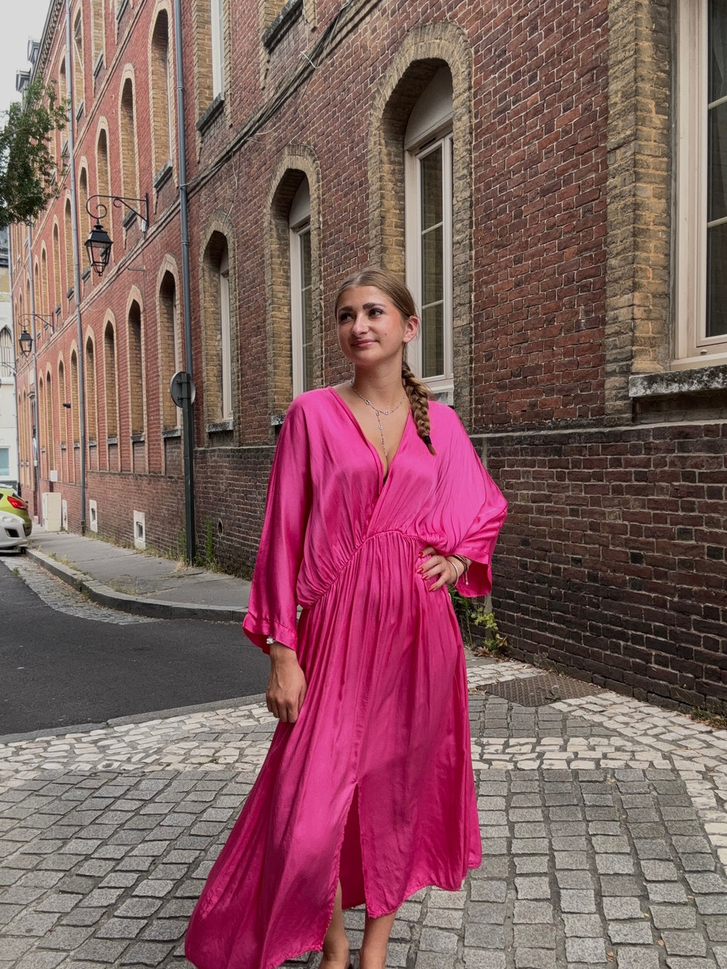 Robe Longue Satinée Rose Fuchsia
