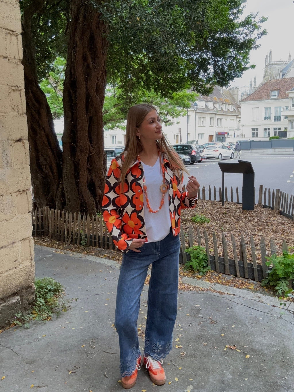 Veste Imprimée Fleurs Rétro Orange