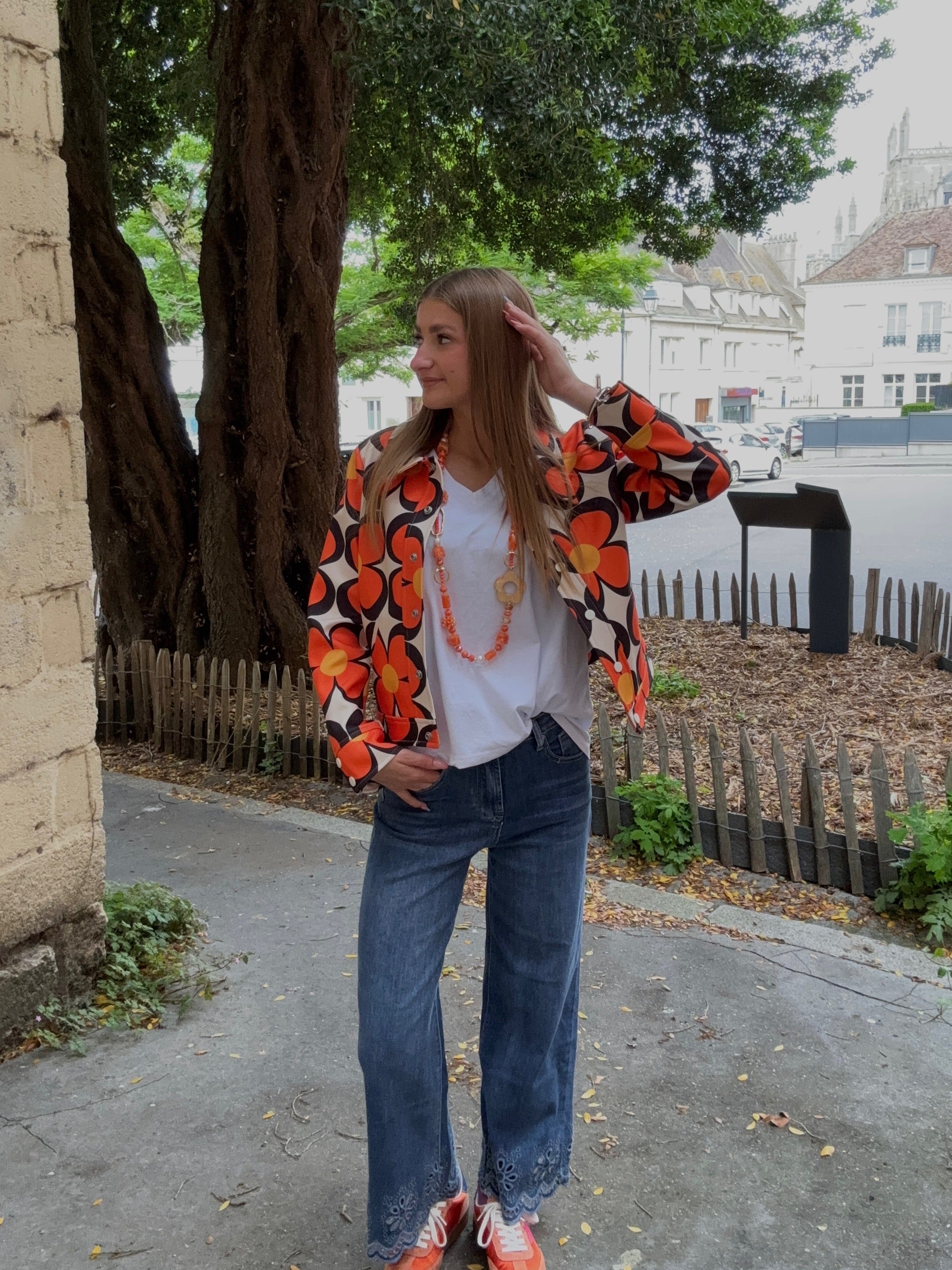 Veste Imprimée Fleurs Rétro Orange